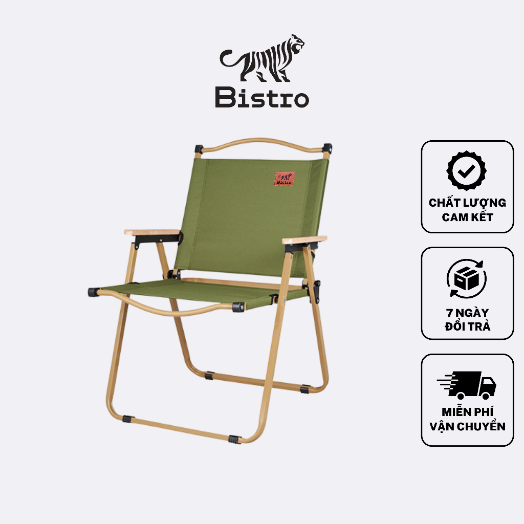 Ghế cafe, ghế camping, ghế câu cá BISTRO, màu vải 600D xanh, khung màu vàng thép chống han gỉ, thiết