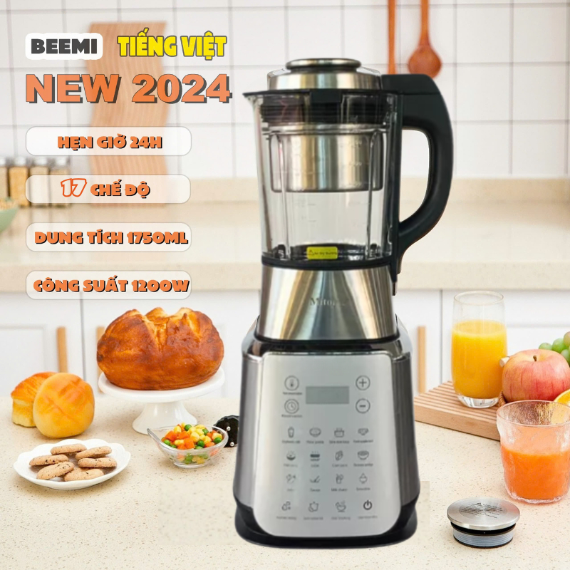 Máy xay nấu sữa hạt đa năng BEEMI, làm sinh tố, bột khô, cháo, hầm 17 chức năng cối thủy tinh 1.75L