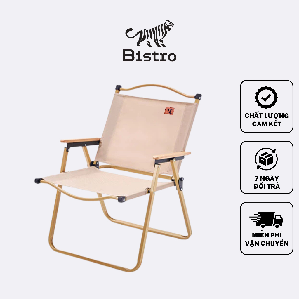 Ghế cafe, ghế camping, ghế câu cá BISTRO, màu vải 600D be, khung thép chống han gỉ, thiết kế gấp gọn