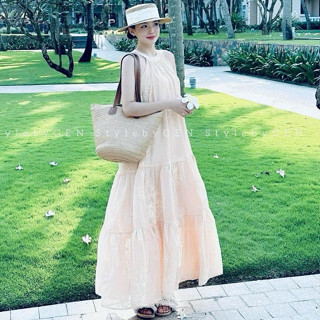  Đầm váy nữ thiết kế đầm cổ yếm chất voan thêu hoa nổi dáng dài maxi xòe nàng thơ nhẹ nhàng cho nàng đi biển chụp ảnh 