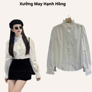 Áo sơ mi trắng cổ trụ đính đá bèo xinh, áo bling bling lấp lánh kiểu nữ đi học, đi làm kiểu dáng Hàn Quốc