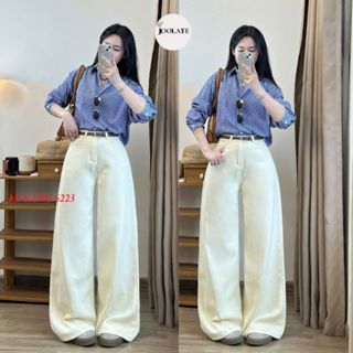 Quần jeans bò Joolate màu kem ống suông rộng phong cách Hàn Quốc