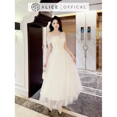 Váy Trễ Vai Dự Tiệc Alice, Đầm Lưới Phối Ren Dáng Maxi Ôm Eo, Váy Đính Đá Nổi Có Lót Xòe Bồng, Phù Hợp Đi Sự Kiện T40-SX