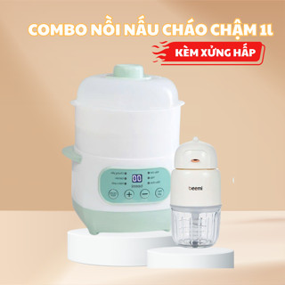 (TẶNG XỬNG HẤP) Combo nồi nấu cháo chậm 1L Beemi và máy xay ăn dặm 8L cao cấp, nồi nấu cháo cho bé kèm xửng hấp