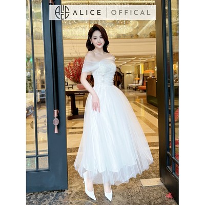 Váy Dự Tiệc Chất Ren Phối Lưới Alice, Đầm Trễ Vai Dáng Dài Đính Nơ Đá, Thiết Kế Ôm Eo, Xòe Bồng 2 Lớp Lưới T98-SX