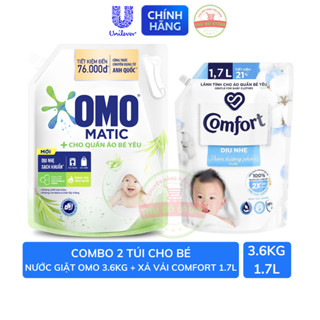 Combo Túi Nước Giặt OMO Matic Cho Quần Áo Bé 3.6KG + Nước Xả Vải Comfort Dịu Nhẹ Thơm Hương Phấn Cho Quần Áo Bé 1.7L