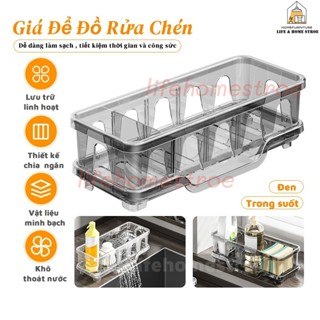 Kệ đựng đồ rửa chén bát trong suốt nhiều ngăn,giá để mút rửa chén ráo nước đa năng,có khay hứng nước