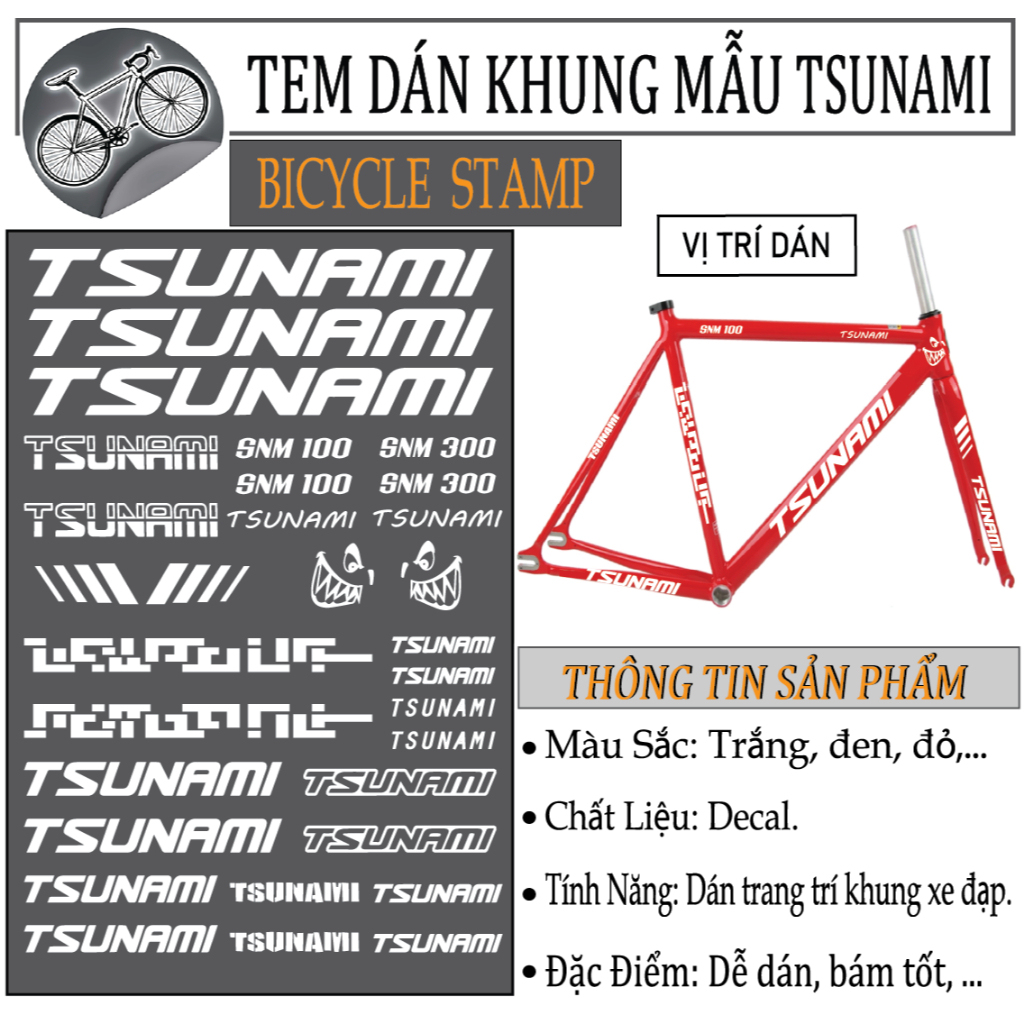 Tem Dán Trang Trí Khung Xe Đạp mẫu TSUNAMI Decal Cao Cấp Chống Nước Bám Chắc Chắn
