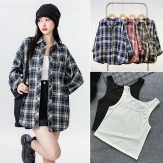 Set sơ mi Bigsize nữ áo thun ba lỗ co giãn phối sơ mi kẻ caro khoác ngoài vintage retro cá tính - SET(SM182+G245)