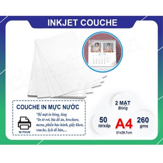 Giấy Couche Bóng - In 2 mặt- Định lượng 260gms- Khổ A4- Xấp 50 tờ Dùng cho máy in phun