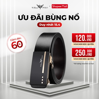 Thắt lưng nam da bò cao cấp Williampolo mặt đen bạc khóa tự động, họa tiết nổi sang trọng