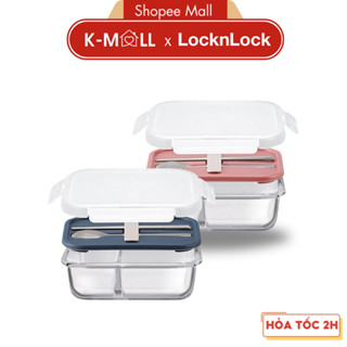 Hộp đựng cơm thủy tinh LocknLock LLG991CL , 2 ngăn kèm muỗng đũa 930ml dùng được lò vi sóng - K-Mall