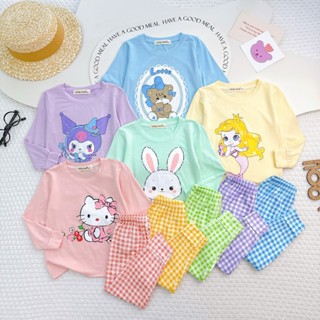 [Bé 7-32kg] Bộ Dài Tay Áo in hình Phối Quần Caro Chất Thun Lạnh Mềm Mịn Mát Cho Bé Gái Mặc Ngủ, Đi Học