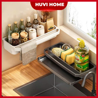 Giá Để Đồ Rửa Chén Dán Tường, Khay Đựng Miếng Rửa Bát Có Khay Hứng Nước Tích Hợp Thanh Treo, Chất Liệu Nhựa ABS Huvi