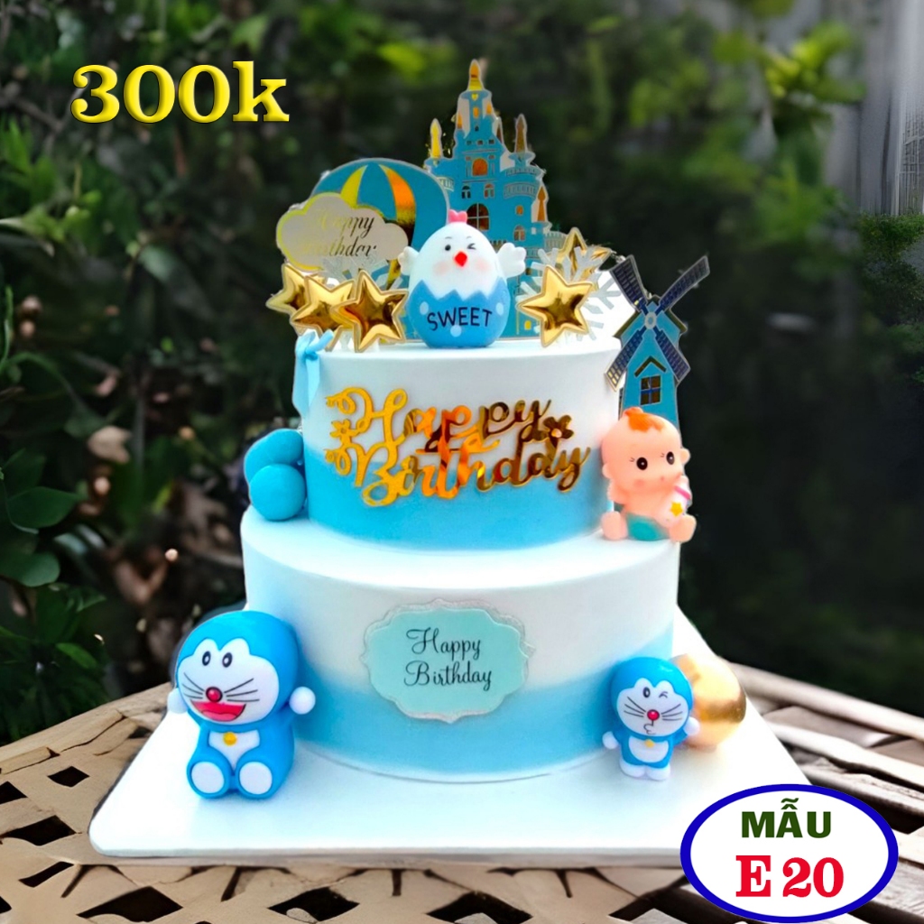 Bánh kem 2 tầng giả , mô hình bánh kem màu xanh dương con gà