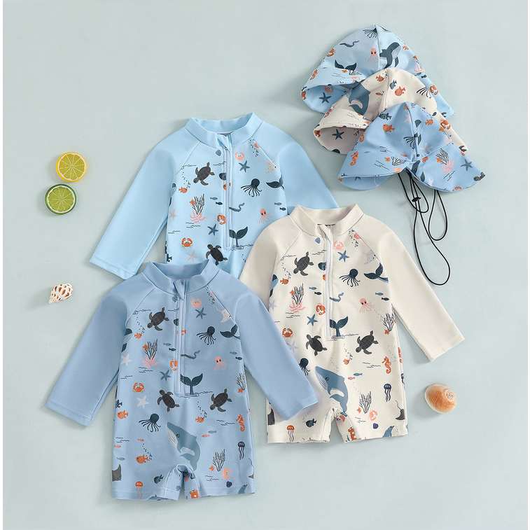 Đồ Bơi Tay Dài Đi Biển Kèm Nón Cho Bé Trai Sơ Sinh 1 2 3 Tuổi MINTSCLOSET Quảng Châu - BB8724