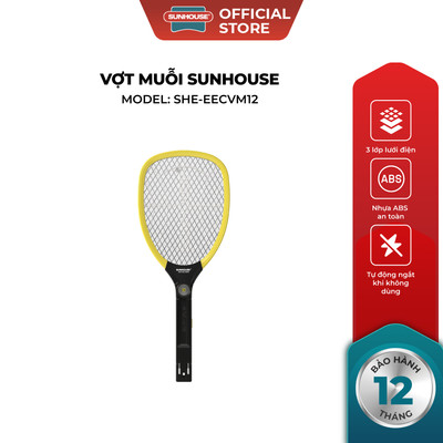 Vợt muỗi Sunhouse SHE-EECVM12, màu vàng - 3 lớp lưới điện đan khít - Tích hợp đèn báo sạc