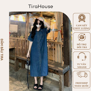 Váy bò bầu dáng dài tay ngắn Đầm bầu jean suông đẹp đi làm công sở, dự tiệc, mặc hè cho mẹ bầu VB958