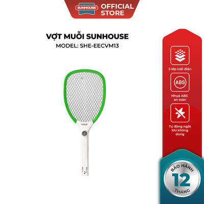 Vợt muỗi Sunhouse SHE-EECVM13, màu xanh  - 3 lớp lưới điện - Tích hợp đèn chiếu sáng & báo sạc
