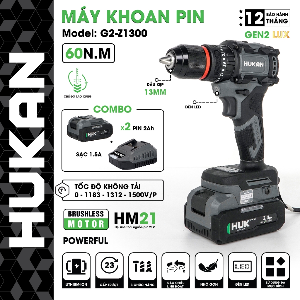 Máy khoan pin HUKAN Z1300,Lực siết 60Nm,Có chức năng tạo xung,Đầu autolock-khoá trục,Không chổi than