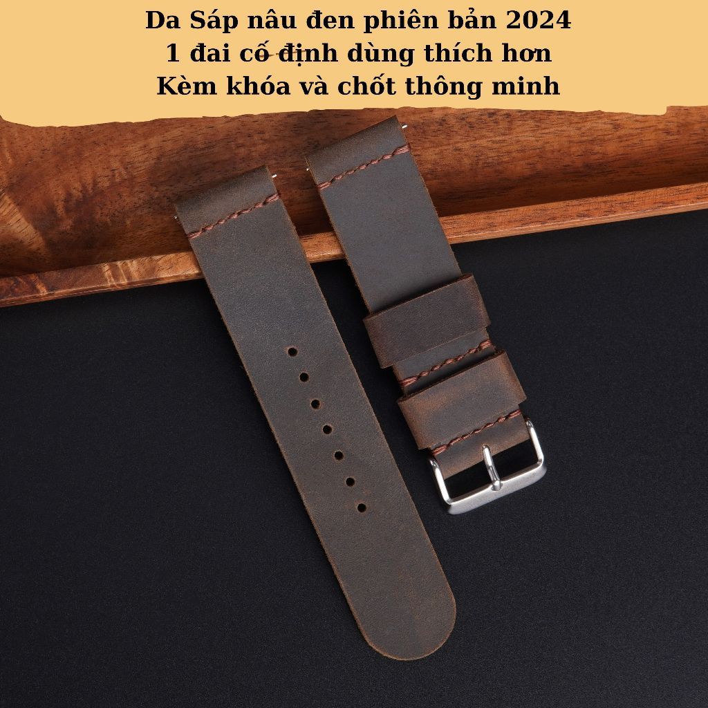 Dây da đồng hồ handmade da sáp 1 lớp 18mm 20mm 22mm màu nâu đen dành cho Apple Watch, đồng hồ cơ pin