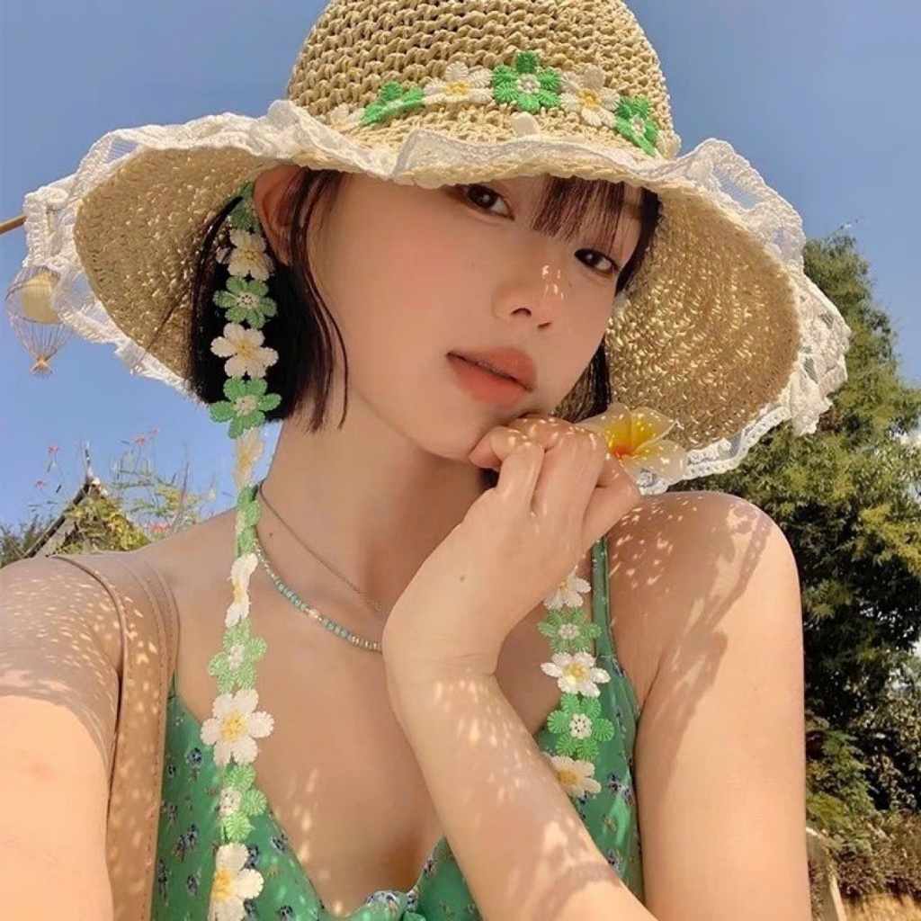 [Chất Đẹp] Mũ Cói đi Biển Viền Ren Vintage Phong Cách Hàn Quốc Nón Cói Đi Biển Nơ Ren Nhiều Màu Mu24