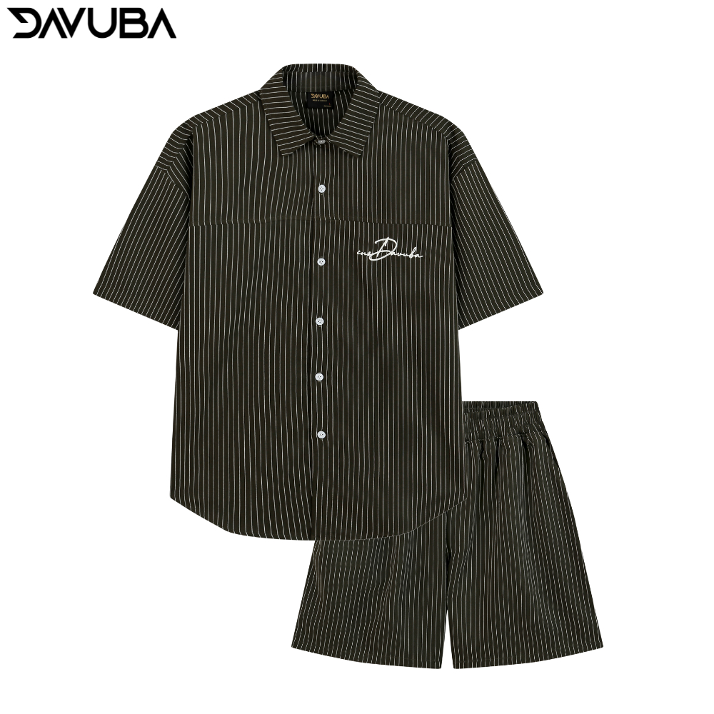 Bộ quần áo DAVUBA kẻ sọc cộc tay nam nữ logo thêu SM130 | BigBuy360 - bigbuy360.vn