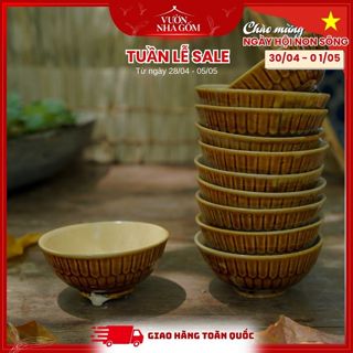 Set 10 cái chén cơm bí vàng- Chén bát lái thiêu, bát sọc vàng - Vườn Nhà Gốm