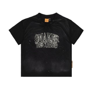 [SMAKER] Áo thun cotton nam nữ Unisex form  boxy tay xẻ, local brand chính hãng-$MAKER RECORD$ WASHED TEE IN BLACK