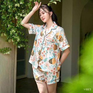 VIBES Đồ bộ mặc nhà nữ Pijama ngắn Lụa Gấm cao cấp họa tiết dễ thương Lucie Py Set
