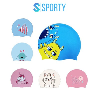 Mũ bơi trẻ em in hình ngộ nghĩnh SPORTY CA43 chất liệu silicon an toàn, cảm giác mềm mại khi đội