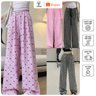 Quần ống rộng nữ lưng chun thoáng mát, thấm hút mồ hôi tốt họa tiết sọc caro dáng suông mặc nhà dạo phố | TOYOUTH