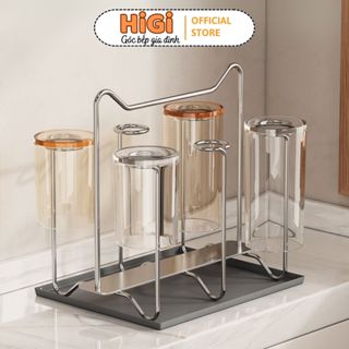 Kệ Úp Cốc Ly Uống Nước 6 Nhánh Kèm Khay Hứng Nước Chất Liệu Inox 304, Giá Úp Cốc Chén Để Bàn HiGi