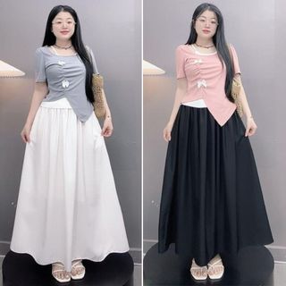  Set bộ áo váy bigsize nữ áo thun kiểu vạt xẻ phối nơ kèm chân váy dáng dài qua gối tiểu thư dễ thương - SET  A278+CV15  