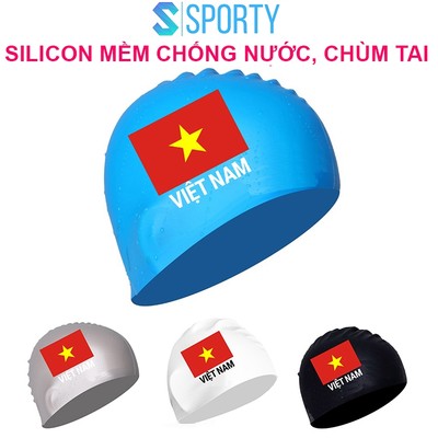 Mũ bơi người lớn silicone in Cờ Việt Nam chống nước tuyệt đối khi thi đấu CA40 chính hãng SPORTY