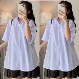 Áo Sơ Mi Nam Nữ Trắng Unisex Ko Lộ Học Sinh Form Rộng Tay Lỡ - Sơ Mi Nữ Basic Đẹp Giá Rẻ Mặc Đi Học Cấp 2 3, Thực Tập