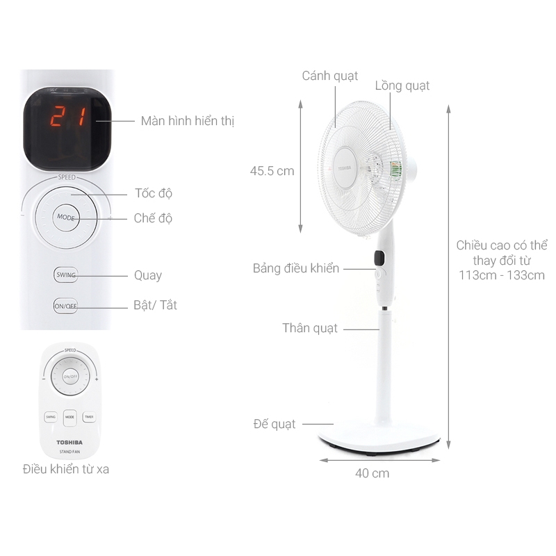Quạt Cây Đứng Toshiba F-LSA10(H/K) | F-LSD10(H/W)VN 50W  - 5 Cánh - BH Chính Hãng 12 Tháng