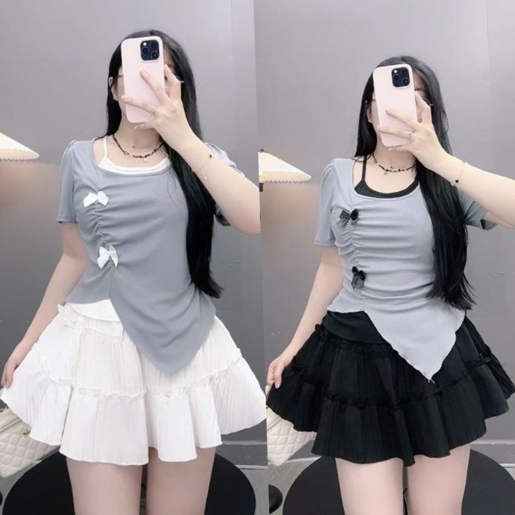 Áo thun kiểu bigsize nữ tiểu thư hai lớp vạt xẻ tay ngắn bồng gắn nơ nhún eo tôn dáng tăm QC co giãn - A278 | BigBuy360 - bigbuy360.vn