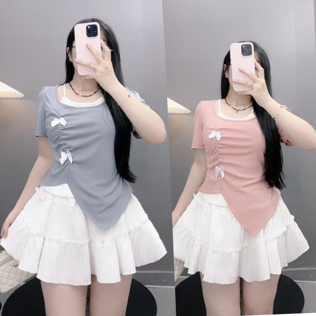 Áo thun kiểu bigsize nữ tiểu thư hai lớp vạt xẻ tay ngắn bồng gắn nơ nhún eo tôn dáng tăm QC co giãn - A278