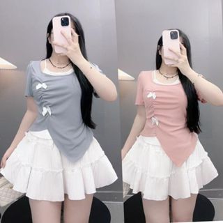 Áo thun kiểu bigsize nữ tiểu thư hai lớp vạt xẻ tay ngắn bồng gắn nơ nhún eo tôn dáng tăm QC co giãn - A278