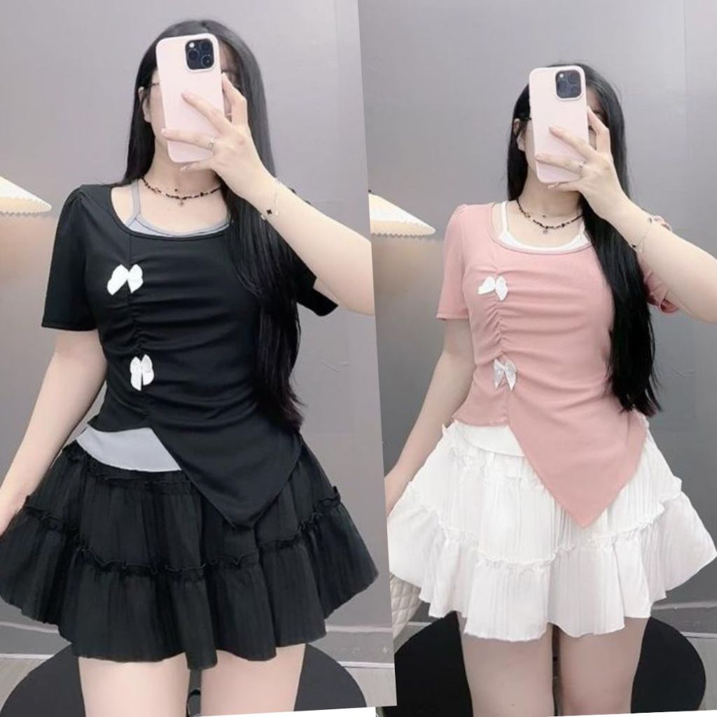 Áo thun kiểu bigsize nữ tiểu thư hai lớp vạt xẻ tay ngắn bồng gắn nơ nhún eo tôn dáng tăm QC co giãn - A278 | BigBuy360 - bigbuy360.vn