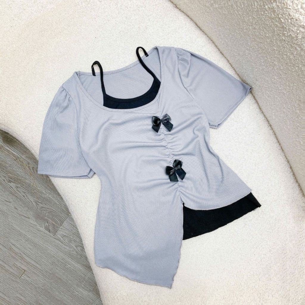 Áo thun kiểu bigsize nữ tiểu thư hai lớp vạt xẻ tay ngắn bồng gắn nơ nhún eo tôn dáng tăm QC co giãn - A278 | BigBuy360 - bigbuy360.vn