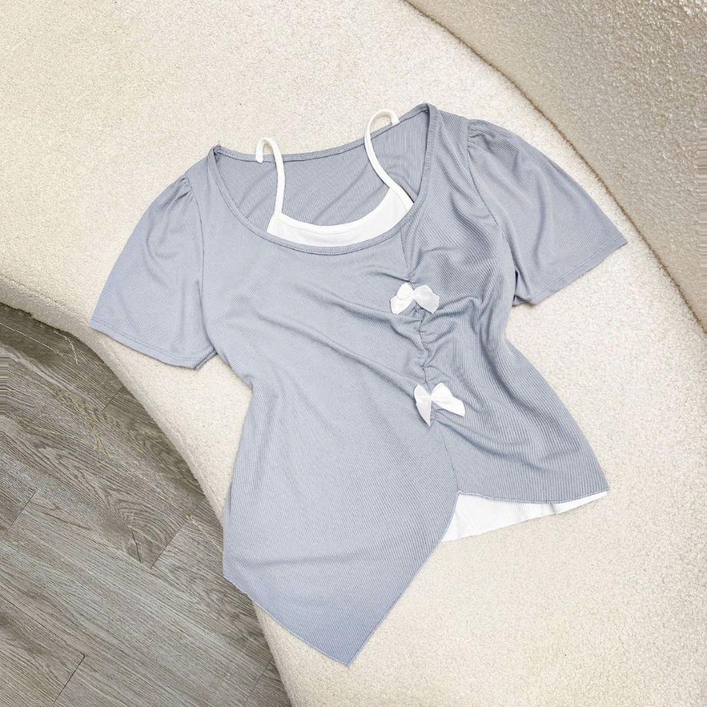 Áo thun kiểu bigsize nữ tiểu thư hai lớp vạt xẻ tay ngắn bồng gắn nơ nhún eo tôn dáng tăm QC co giãn - A278 | BigBuy360 - bigbuy360.vn