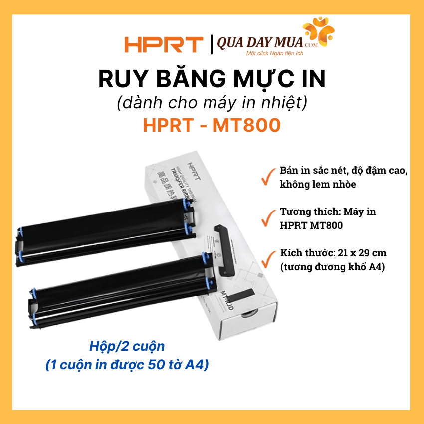 Ruy băng mực in dành cho Máy In HPRT-MT800, (2 cuộn/hộp) công nghệ in màu sắc nét, ổn định, bền màu