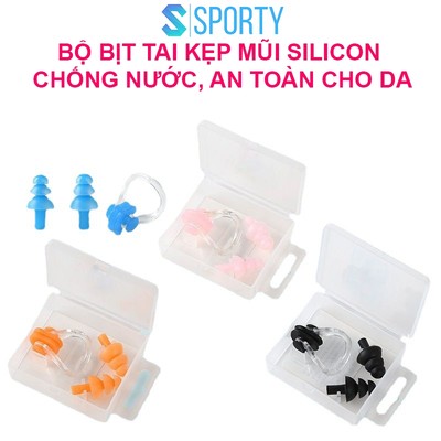 Bộ bịt tai kẹp mũi SPORTY EN nhiều màu kèm hộp đựng, đi bơi lội, lặn biển ngăn nước 100%