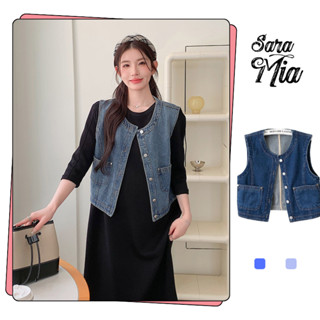 Áo gile jean nữ SARAMIA khoác bò croptop sát nách vải denim cổ tàu dáng ngắn Q4