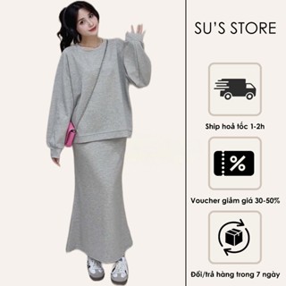 Set Đồ Nữ Áo Nỉ Cổ Tròn Tay Bo Kèm Chân Váy Đuôi Cá Dáng Dài–Set Bigsize S757 Susstore Thời Trang Nữ