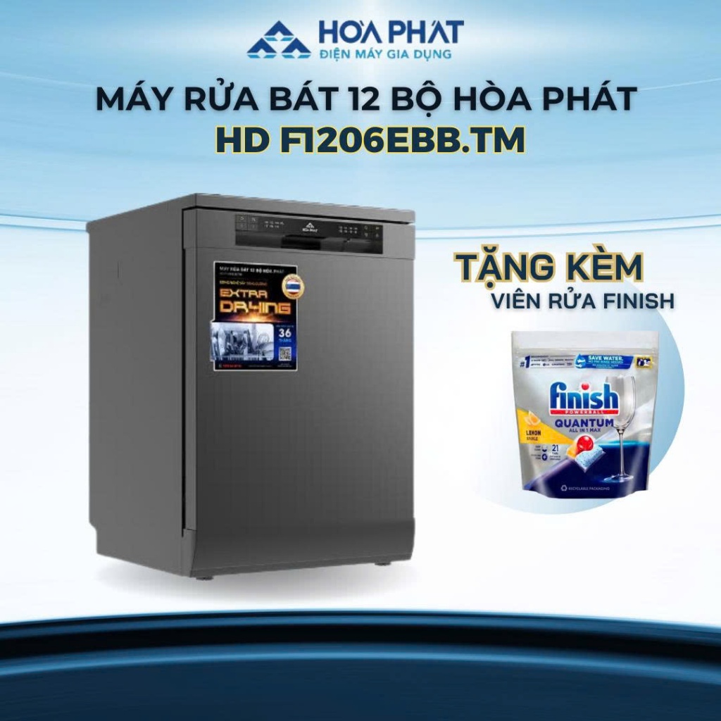 {Miễn phí lắp đặt +Tặng 01 túi viên rửa + 01 ô HP} - Máy rửa chén bát 12 bộ Hòa Phát HD F1206EBB.TM - Bảo hành 36 tháng.
