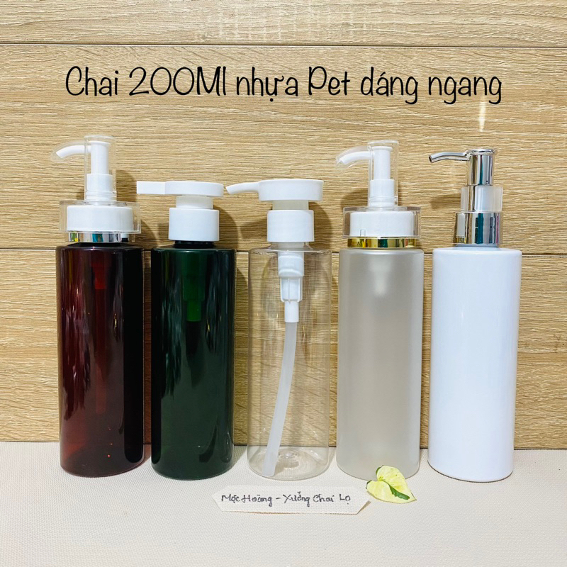 Chai lọ nhựa Pet 200ml  Vai Ngang màu Nâu/Xanh/Trong/Mờ/Sứ-Vòi nhấn cao cấp đủ loại/Đen-Trắng-Khóa Vàng-Nắp Bật