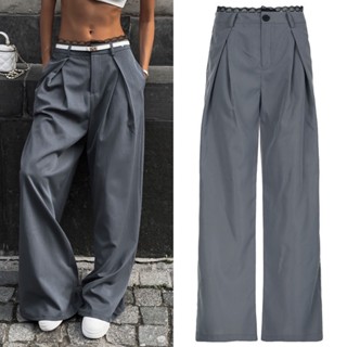 Quần vải ống suông rộng màu ghi trơn cạp trễ ren đen - Tiktik